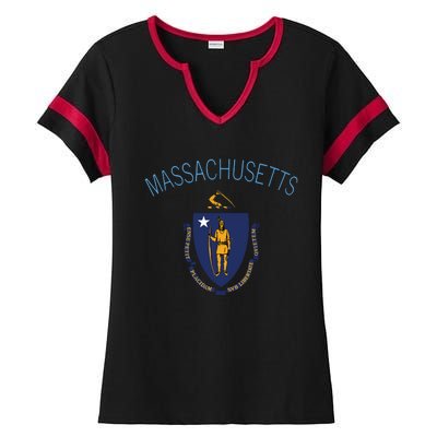 State Of Massachusetts Flag The Bay State Boston Salem Ladies Halftime Notch Neck Tee