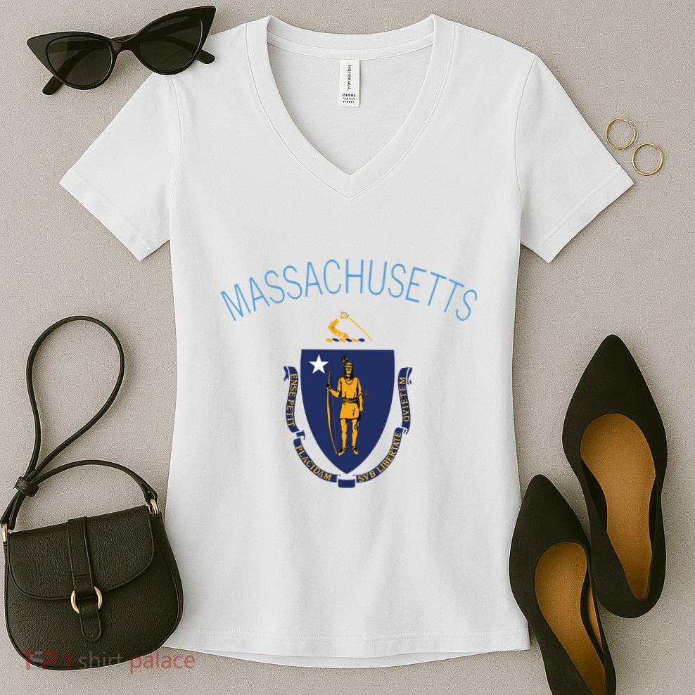 State Of Massachusetts Flag The Bay State Boston Salem Women's V-Neck T-Shirt
