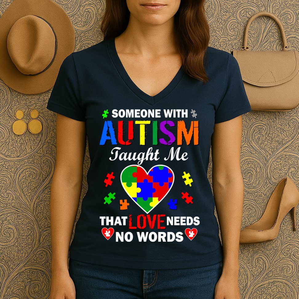 Someone With Autism Taught Me That Love Needs No Words Women's V-Neck T-Shirt