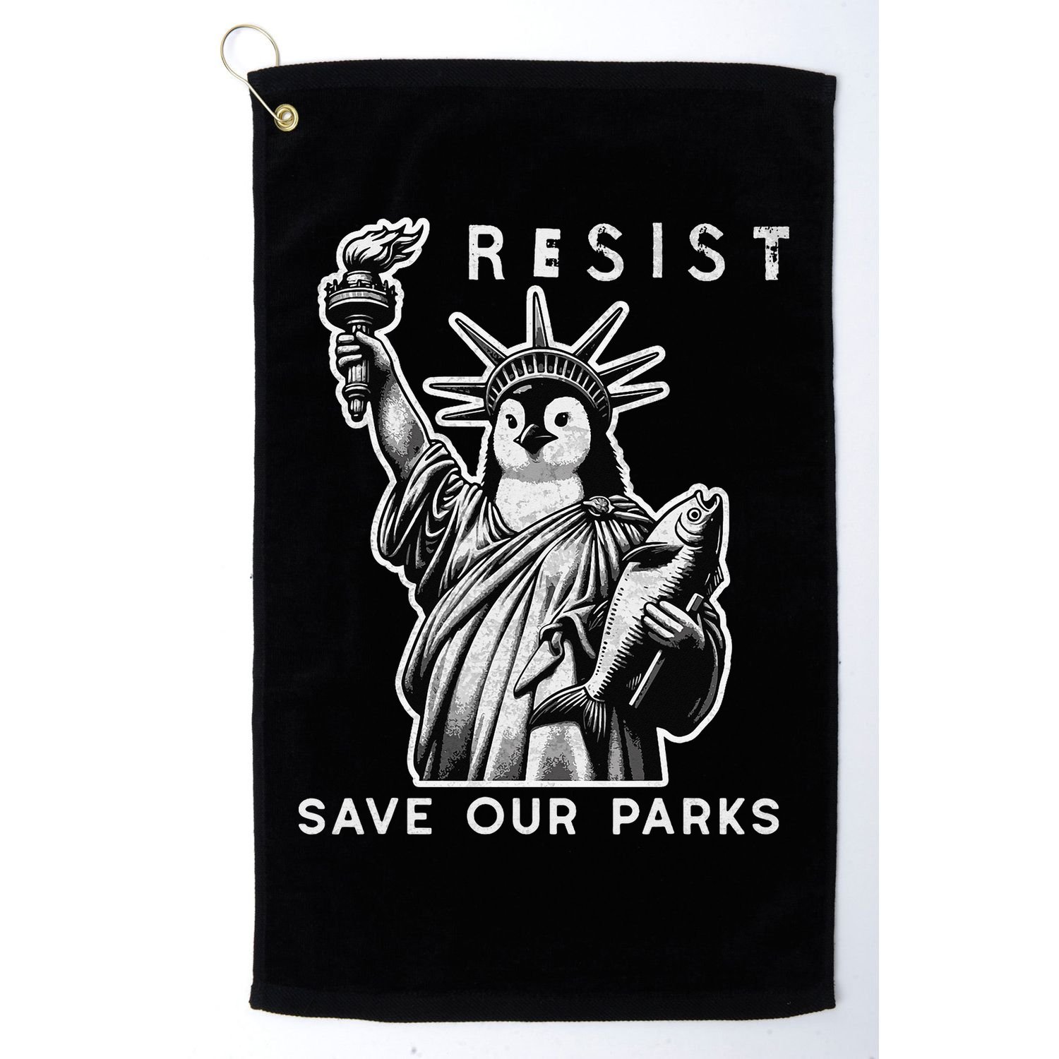 Save Our National Parks Penguin Statue Of Liberty Resist Golf Towel