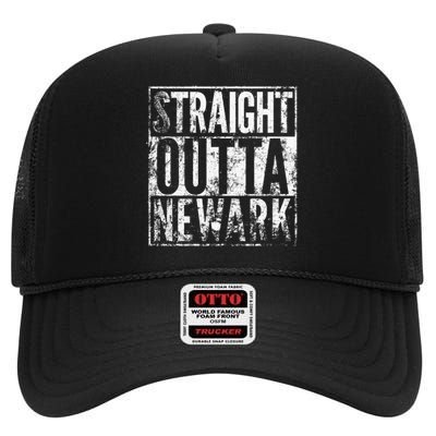 Straight Outta Newark New Jersey Distressed Effect High Crown Mesh Back Trucker Hat