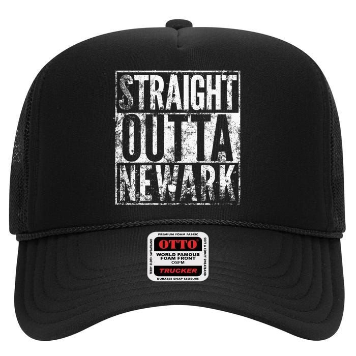 Straight Outta Newark New Jersey Distressed Effect High Crown Mesh Back Trucker Hat