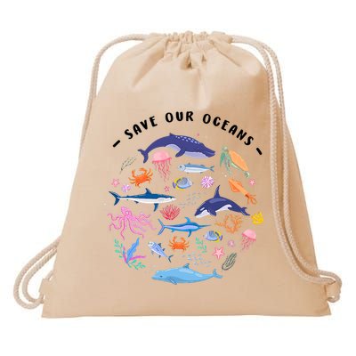 Save Our Oceans Seas, Sea Creatures, Sea Animals Protect Drawstring Bag