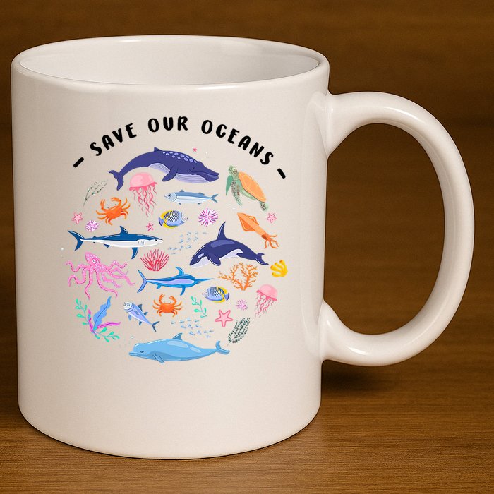 Save Our Oceans Seas, Sea Creatures, Sea Animals Protect 11oz C Handle Ceramic Mug