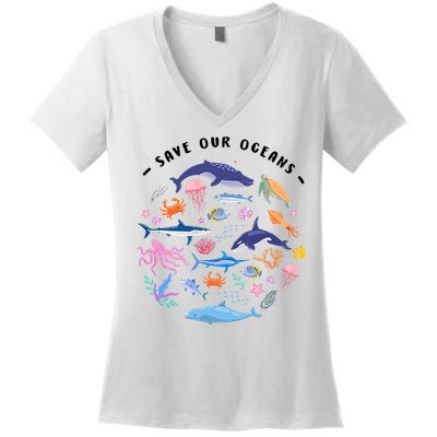 Save Our Oceans Seas, Sea Creatures, Sea Animals Protect Women's V-Neck T-Shirt