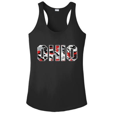 State Of Ohio Ohioan Trendy Distressed Camo Graphic Designs Ladies PosiCharge Competitor Racerback Tank