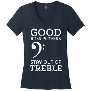 Stay Out Of Treble Funny Bass Player Bassist Music Bass Clef Women's V-Neck T-Shirt