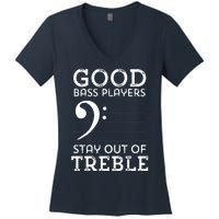 Stay Out Of Treble Funny Bass Player Bassist Music Bass Clef Women's V-Neck T-Shirt