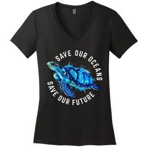 Save Our Oceans Turtle Earth Day Pro Environment Conservancy Women's V-Neck T-Shirt