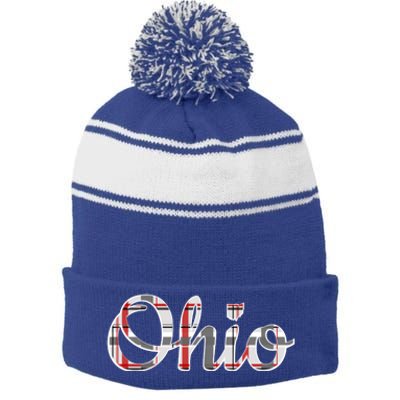 State Of Ohio Ohioan Pride Trendy Plaid Script Texgift Stripe Pom Pom Beanie