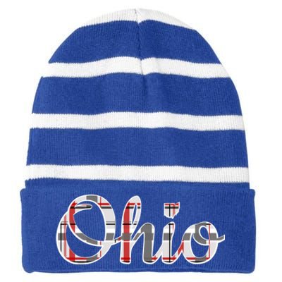 State Of Ohio Ohioan Pride Trendy Plaid Script Texgift Striped Beanie with Solid Band