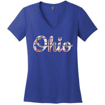 State Of Ohio Ohioan Pride Trendy Plaid Script Texgift Women's V-Neck T-Shirt