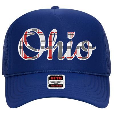 State Of Ohio Ohioan Pride Trendy Plaid Script Texgift High Crown Mesh Back Trucker Hat