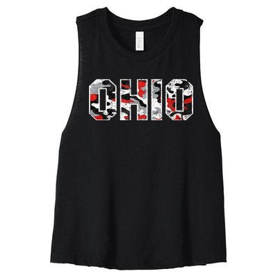 State of Ohio Ohioan Trendy Distressed Camo Designs Women's Racerback Cropped Tank