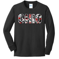 State of Ohio Ohioan Trendy Distressed Camo Designs Kids Long Sleeve Shirt