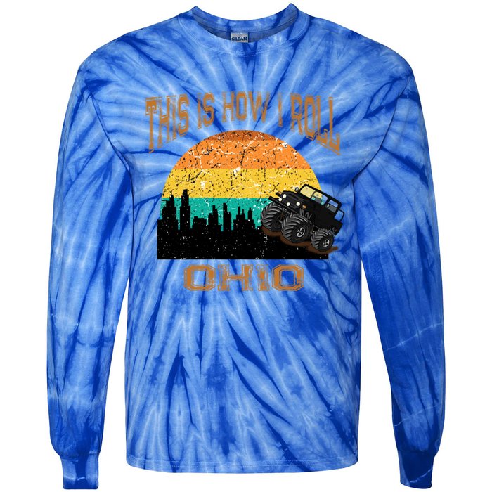 Sunset Ohio Oh Retro Vintage Skyline City Monster Truck Cool Gift Tie-Dye Long Sleeve Shirt