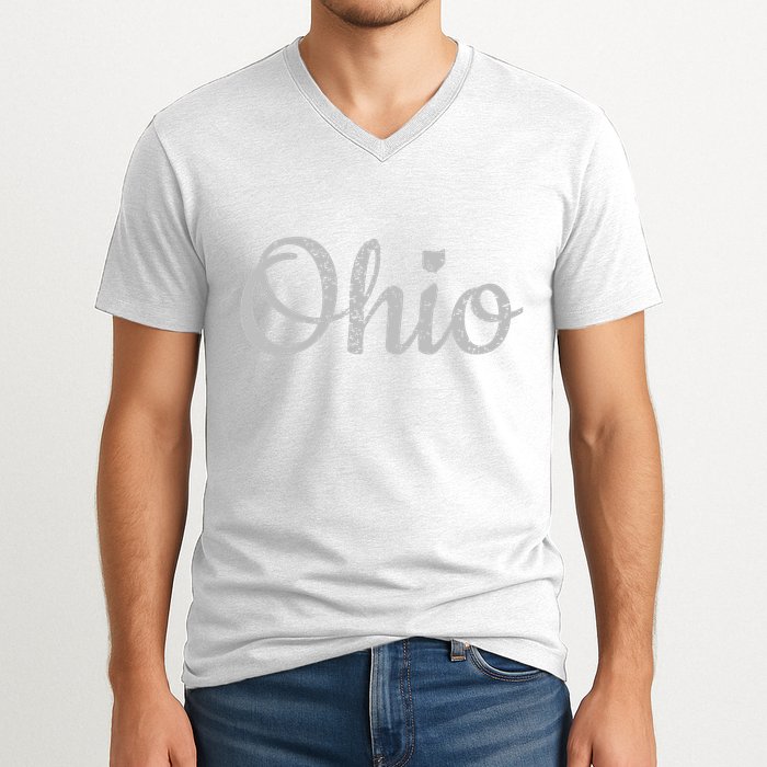 State Of Ohio Pride Script Text Distressed Design Gifts V-Neck T-Shirt