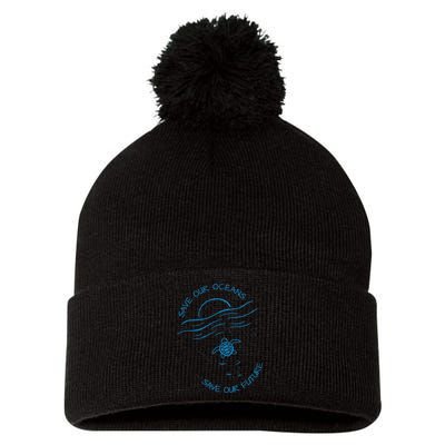 Save Our Oceans Sea Turtle Pro Environment Nature Earth Day Pom Pom 12in Knit Beanie