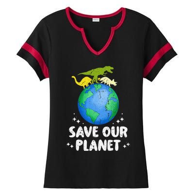 Save Our Planet Dinosaur Cute Earth Day Ladies Halftime Notch Neck Tee