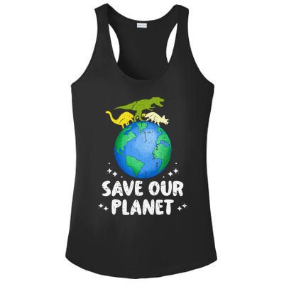 Save Our Planet Dinosaur Cute Earth Day Ladies PosiCharge Competitor Racerback Tank