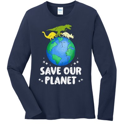 Save Our Planet Dinosaur Cute Earth Day Ladies Long Sleeve Shirt