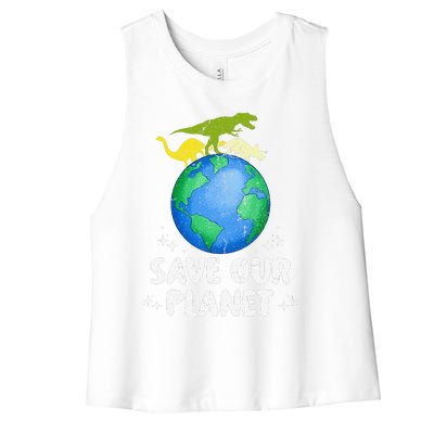 Save Our Planet Dinosaur Cute Earth Day Women's Racerback Cropped Tank