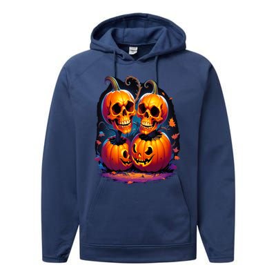 Scary Orange Pumpkin Skulls And Halloween Fall Colors Performance Fleece Hoodie