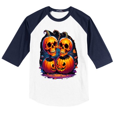 Scary Orange Pumpkin Skulls And Halloween Fall Colors Baseball Sleeve Shirt