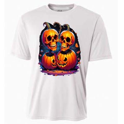 Scary Orange Pumpkin Skulls And Halloween Fall Colors Cooling Performance Crew T-Shirt