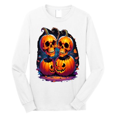 Scary Orange Pumpkin Skulls And Halloween Fall Colors Long Sleeve Shirt