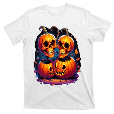 Scary Orange Pumpkin Skulls And Halloween Fall Colors T-Shirt