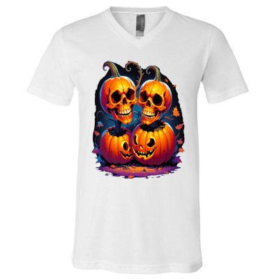 Scary Orange Pumpkin Skulls And Halloween Fall Colors V-Neck T-Shirt