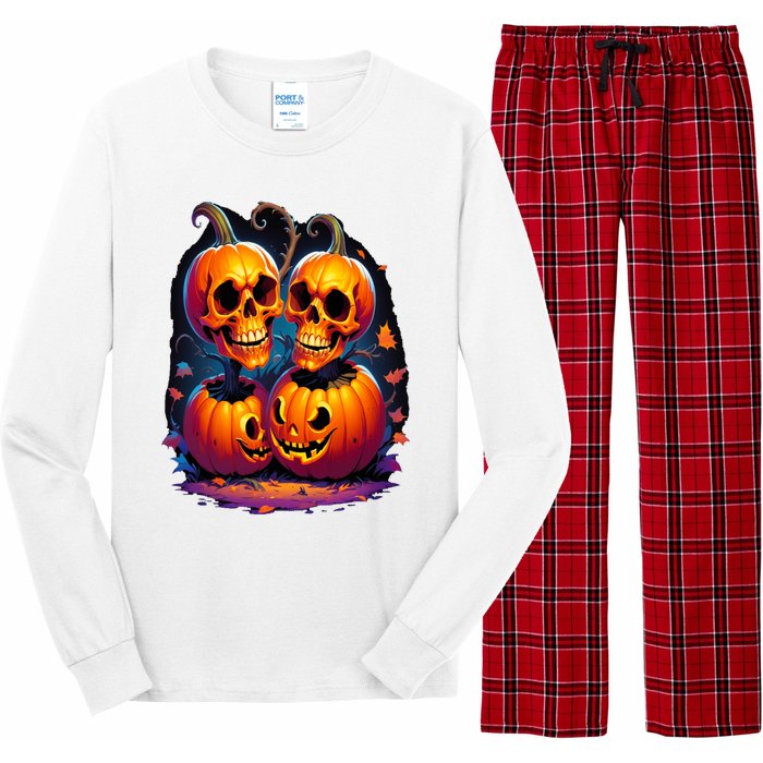 Scary Orange Pumpkin Skulls And Halloween Fall Colors Long Sleeve Pajama Set