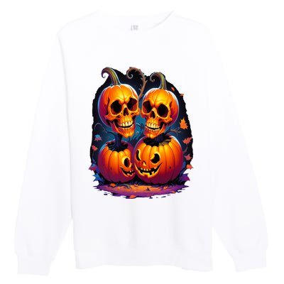 Scary Orange Pumpkin Skulls And Halloween Fall Colors Premium Crewneck Sweatshirt