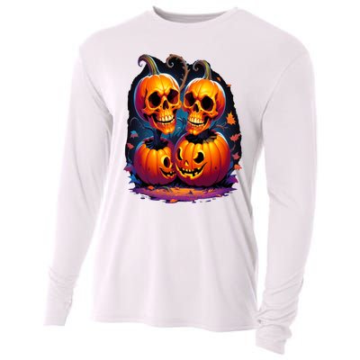 Scary Orange Pumpkin Skulls And Halloween Fall Colors Cooling Performance Long Sleeve Crew