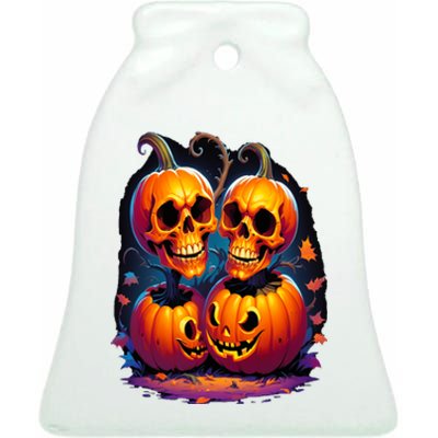 Scary Orange Pumpkin Skulls And Halloween Fall Colors Ceramic Bell Ornament