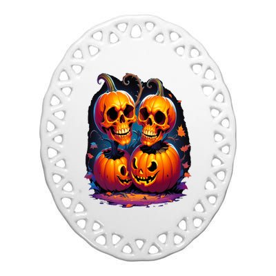 Scary Orange Pumpkin Skulls And Halloween Fall Colors Ceramic Oval Ornament