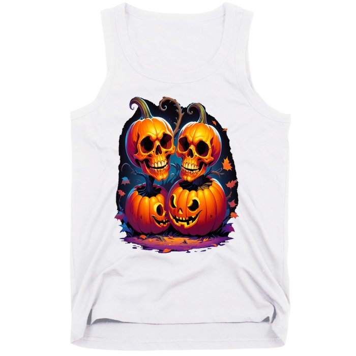 Scary Orange Pumpkin Skulls And Halloween Fall Colors Tank Top