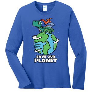 Save Our Planet Dinosaur Earth Day Anniversary Gift Ladies Long Sleeve Shirt