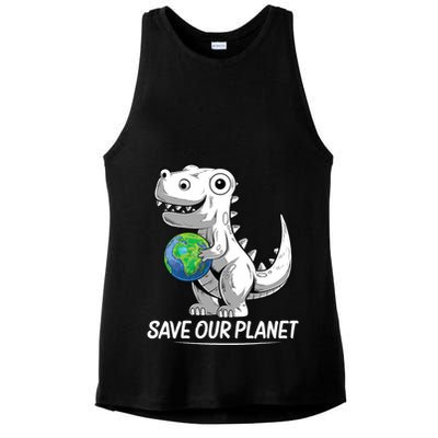 Save Our Planet Earth Day 2024 T Rex Environment Ladies PosiCharge Tri-Blend Wicking Tank