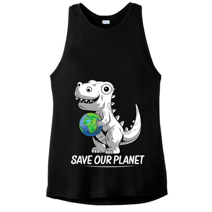 Save Our Planet Earth Day 2024 T Rex Environment Ladies PosiCharge Tri-Blend Wicking Tank