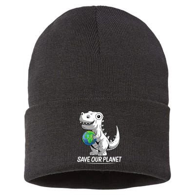 Save Our Planet Earth Day 2024 T Rex Environment Sustainable Knit Beanie