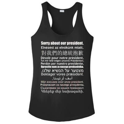 Sorry About Our President Anti-Trump Multiple Language Ladies PosiCharge Competitor Racerback Tank