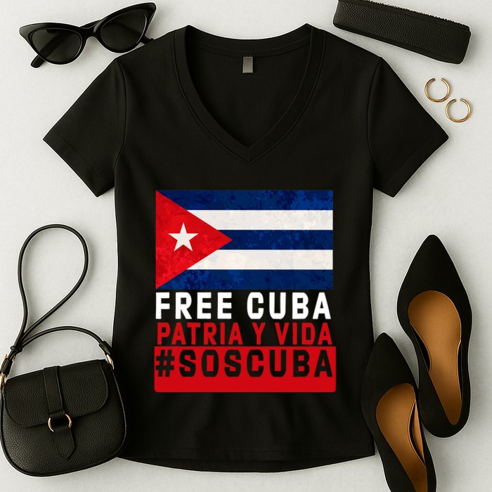 SOS Cuba Cuba Flag Cuban Fist Free Cuba Libre 2021 Cuban  Women's V-Neck T-Shirt