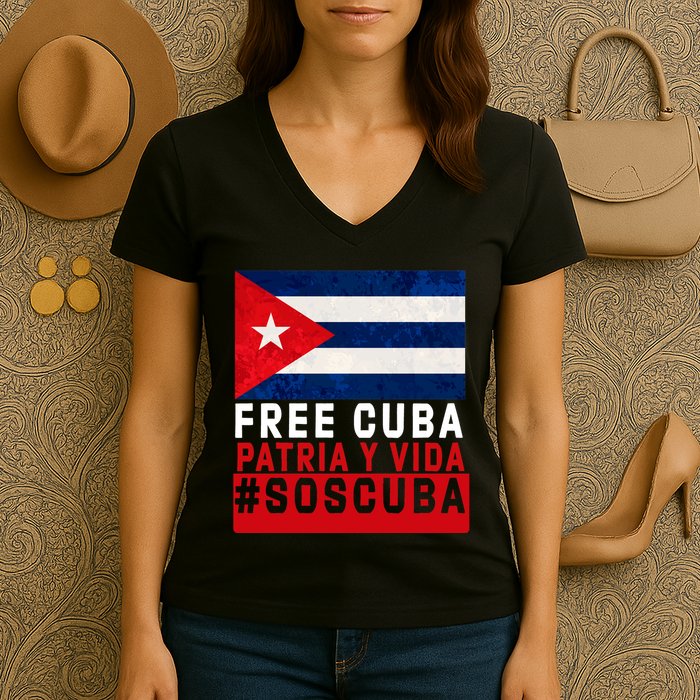 SOS Cuba Cuba Flag Cuban Fist Free Cuba Libre 2021 Cuban  Women's V-Neck T-Shirt