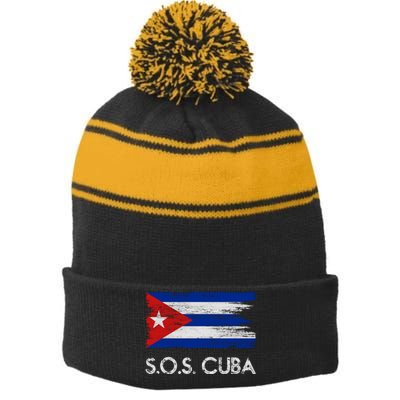 SOS Cuba Distressed Flag Stripe Pom Pom Beanie