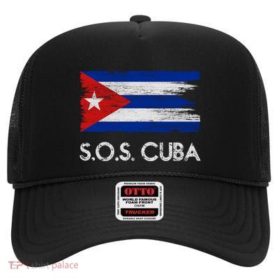 SOS Cuba Distressed Flag High Crown Mesh Back Trucker Hat
