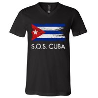 SOS Cuba Distressed Flag V-Neck T-Shirt