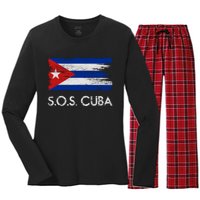 SOS Cuba Distressed Flag Women's Long Sleeve Flannel Pajama Set 