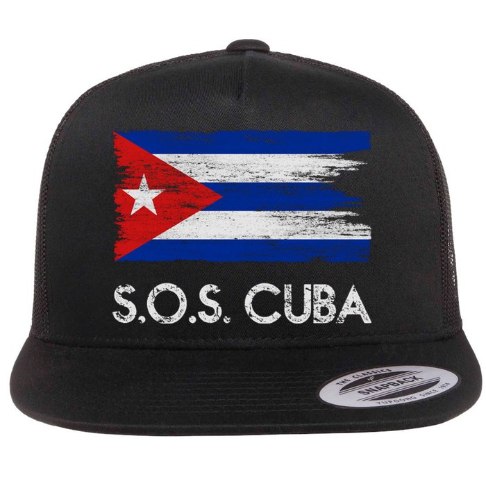 SOS Cuba Distressed Flag Flat Bill Trucker Hat